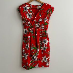 Vintage 80s 100% silk Diane Dickinson red, gray, green sleeveless floral dress